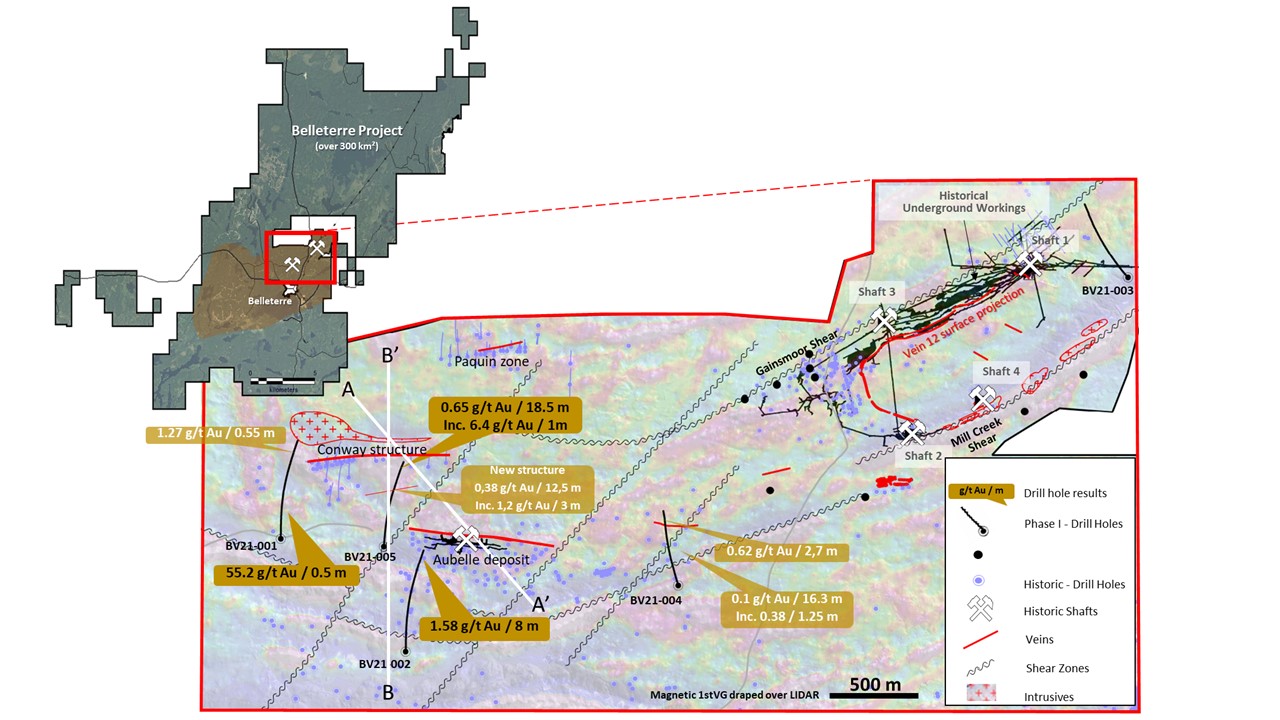 Figure 1: Plan view map showing the Belleterre project as well as Phase I drill holes and highlight assay results.