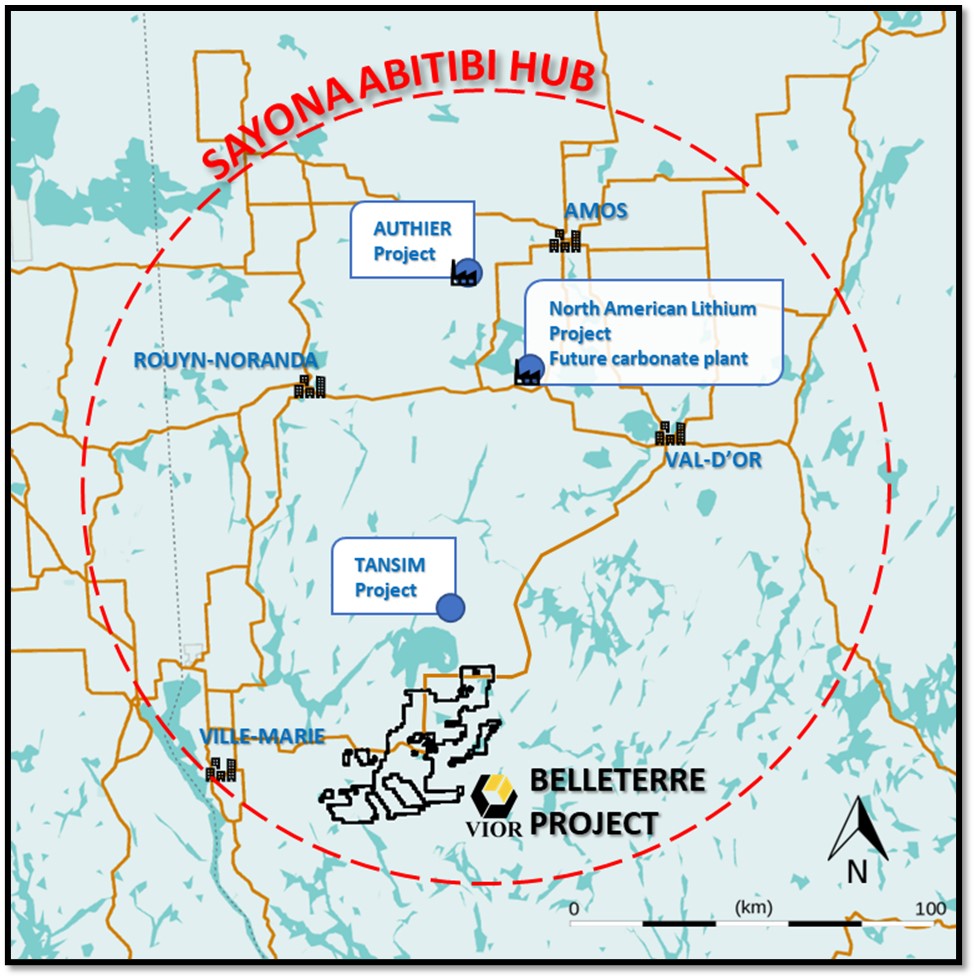 Figure 1 – Localisation du projet Belleterre à proximité des actifs de Sayona en Abitibi.